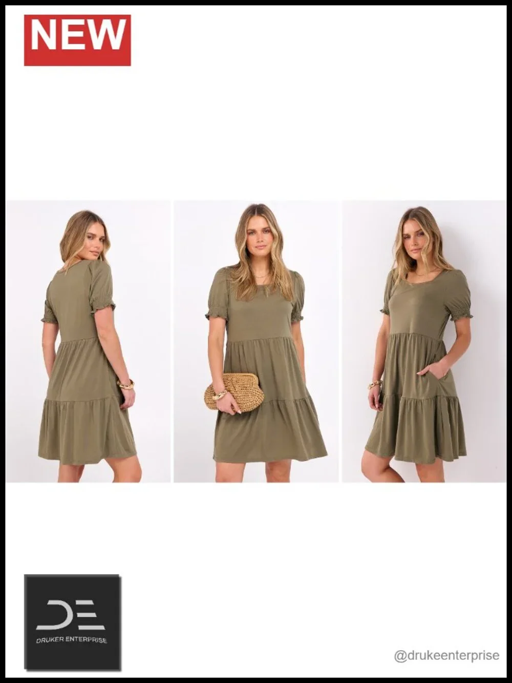 Square Neck Puff Sleeve Mini Dress with Pockets Tiered A-Line Summer Casual